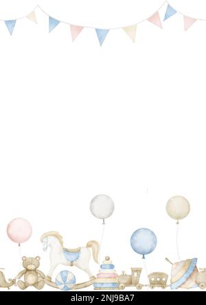 Vorlage für Grußkarten oder Einladungen mit Babyspielzeug. Wasserfarbenes Nahtloses Muster mit schaukelndem Pferd und Girlande auf isoliertem Hintergrund für Postkarten. Vertikaler Kinderrahmen in Pastellfarben. Stockfoto