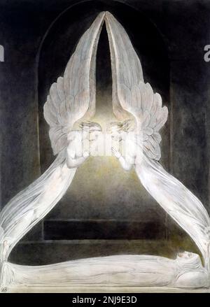 Die Engel schwebten über dem Körper Christi im Grabstein von William Blake, Aquarell, Stift und Tinte, c. 1805 Stockfoto