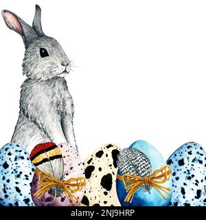 Aquarell grenzt an ostern mit Hasen, Kaninchen, Häschen und farbigen Eiern. Von Hand gezeichnete Darstellung mit Feder isoliert auf weißem Hintergrund. Stockfoto