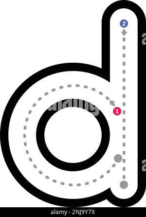 Nachvollziehbarer Buchstabe d Vorschreiben in Kleinbuchstaben gepunktetes Linienelement für Kindergarten- und Vorschulkinder-Arbeitsblatt für Handschriftübungen Stock Vektor