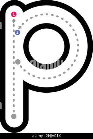 Nachvollziehbarer Buchstabe p Vorschreiben in Kleinbuchstaben gepunktetes Linienelement für Kindergarten- und Vorschulkinder-Arbeitsblatt für Handschriftübungen Stock Vektor