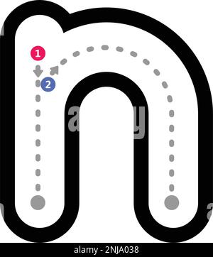 Nachvollziehbarer Buchstabe n Vorschreibenelement mit gepunkteten Linien in Kleinbuchstaben für ein Arbeitsblatt für Kinder im Kindergarten- und Vorschulalter zur Übung des Handschreibens Stock Vektor