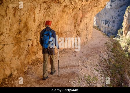 Aktueller Pfad der Mont-Rebei-Schlucht, die diesen Canyon der Montsec-Gebirgskette durchquert (La Noguera, Lleida, Katalonien, Spanien, Pyrenäen) Stockfoto