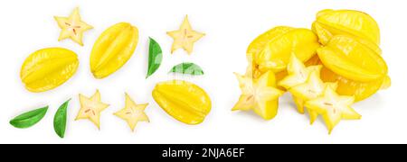 Karambolen oder Star - Obst mit Blatt auf weißem Hintergrund. Ansicht von oben. Flach Stockfoto