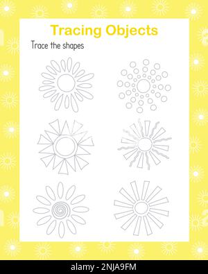 Verfolgen von linearen Bildern von der Sonne Handschreiben Üben Sie Vektorbildgebung lehrreiches druckbares Arbeitsblatt, Zeichnen von Objekten Freizeitaktivität Lernkonzept, Spiel für Kinder Lehrerressourcen Stock Vektor