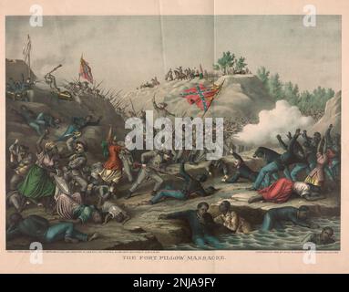 Die Schlacht von Fort Pillow, auch bekannt als das Massaker von Fort Pillow, wurde am 12. April 1864 in Fort Pillow am Mississippi River in Henning, Tennessee, während des Amerikanischen Bürgerkriegs ausgetragen, Farbdarstellung aus dem Jahr 1892 Stockfoto