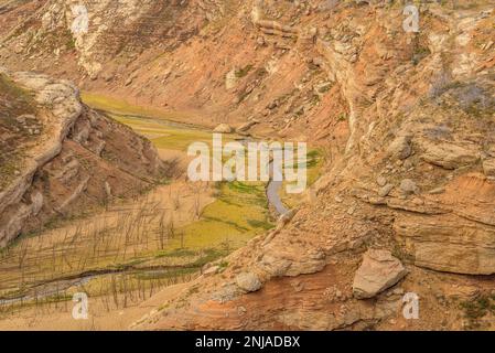 Details der Erosion mit Felsen und Erde im Inneren des Canelles Reservoirs mit niedrigem Wasserstand (Ribagorza, Huesca, Aragon, Spanien) Stockfoto