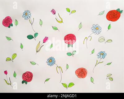 Handgezeichnete Aquarelle und Blätter auf weißem Papier. Muster mit roten Rosen, Tulpen, blauen Blumen und Blättern Stockfoto