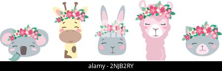 Set aus modischen Vektortieren im Cartoon-Stil. Süßes lächelndes Häschen, Lama, Katze, Giraffe und Koalas, in Kränzen von rosa Blumen. Isoliert auf weißem Hintergrund. Zarte Pastellfarben für Babys. Stock Vektor