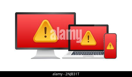 Warnmeldung Laptop-Benachrichtigung. Warnungen zu Gefahrenfehlern, Problemen mit Laptop-Viren oder Benachrichtigungen zu unsicheren Spam-Nachrichten. Vektormaterial Stock Vektor