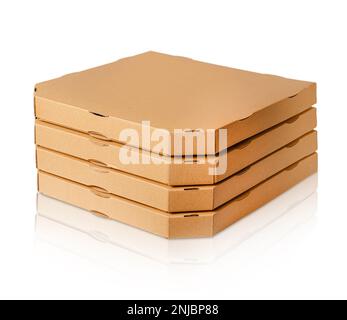 Pizzakartons isoliert auf weißem Hintergrund mit Schneideweg Stockfoto