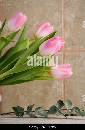 Leerer dekorativer Ständer, Eukalyptuszweige und ein Strauß Tulpen auf dem Tisch, Hintergrund für die Präsentation von Kosmetika und Produkten. Stockfoto