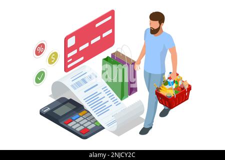 Isometrische Prüfung einer Lebensmittelquittung, eines Lebensmitteleinkaufs und eines Spesenkonzepts. Supermarkt, Essen und Essen online kaufen Stock Vektor