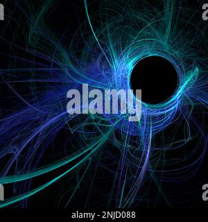 Blaues abstraktes sphärisches lineares Muster auf schwarzem Hintergrund, Tapete, Design Stockfoto