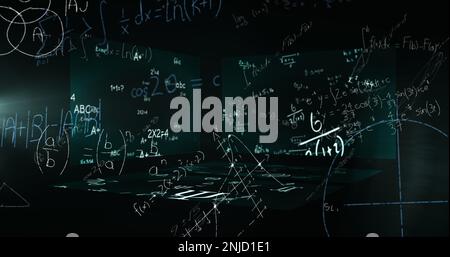 Bild der Datenverarbeitung und mathematischen Gleichungen über Bildschirme Stockfoto