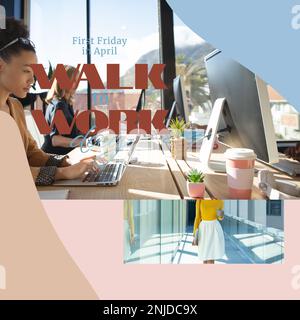 Erster freitag im april, „Walk to Work Day“-Text, verschiedene Frauen, die Computer benutzen, Frauenmitte. Collage, Composite, Büro, Technologie, Kaffee, Fit Stockfoto