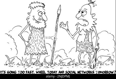 Geschäftlicher oder politischer Cartoon über Cavemen über Technologie Soziale Netzwerke, Vector Illustration Stock Vektor