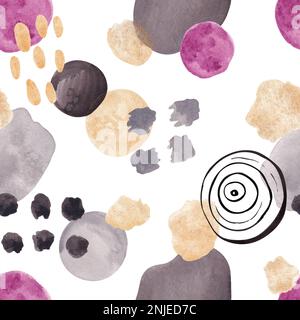Abstraktes Muster mit Aquarellflecken aus Gold, Schwarz, Grau und Violett für das Produktdesign Stockfoto