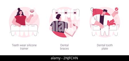 Kieferorthopädische Versorgung abstraktes Konzept Vektorbildungs-Set. Die Zähne tragen Silikontrainer, Zahnspangen, Zahnplatten, Zahnbehandlung mit überfüllten Zähnen, Zahnausrichter und Halter, Halterungen abstrakte Metapher. Stock Vektor