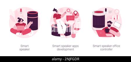 Abstrakter Vektorbildungs-Satz für das Internet der Dinge. Entwicklung intelligenter Lautsprecher-Apps und Office-Controller, Hub für virtuelle Heimautomatisierung, Spracherkennung, abstrakte Metapher für Sprachassistenten. Stock Vektor