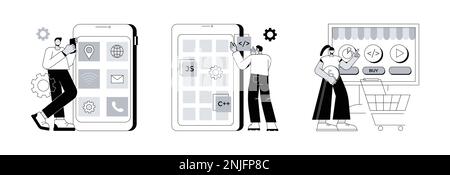 Abstraktes Konzept der Softwareanwendung, Vektorgrafik. Native und hybride mobile App, digitaler Service-Marktplatz, offene Plattform, Online-Shop, Quellcode, Offline abstrakte Metapher ausführen. Stock Vektor