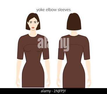 Joch Ärmel Kleidung Figur wunderschöne Dame in braunem Oberteil, Hemd, Kleid technisch Mode Illustration mit Ellbogenlänge. Flache Bekleidungsvorlage vorne, Rückseite. Frauen, Männer, Unisex-CAD-Modell Stock Vektor