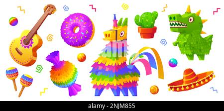 Ikonen aus Pinata, mexikanischem Hut, Kakteen, Gitarre und Maraca. Spanische Geburtstagsparty oder Cinco de Mayo mit Pinata in Form von Esel, Donut, Süßigkeiten und Dinosaurier, Vektorgrafik Stock Vektor