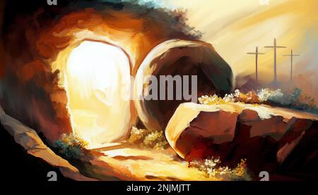 Ostern erhob sich Jesus Christus von den Toten. Sonntagmorgen. Morgendämmerung. Das leere Grab im Hintergrund der Kreuzigung. Frohe ostern. Christliches Symbol für F. Stockfoto
