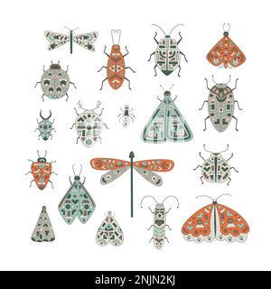 Sammlung von festlichem Butterfisch, Motte, Käfer, Marienkäfer, Kakerlake, ameise, Libelle. Vektordarstellungen Set fliegender Insekten mit geometrischem Muster. Stock Vektor