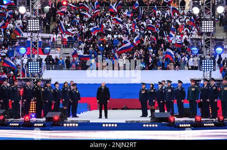 Konzert Ruhm für die Verteidiger des Vaterlandes vor dem 23. Februar sprach der Präsident bei einem Rallye-Konzert, das dem Tag des Vaterlandes gewidmet ist, im Luzhniki-Stadion. Foto: Das Russische Präsidialamt Stockfoto