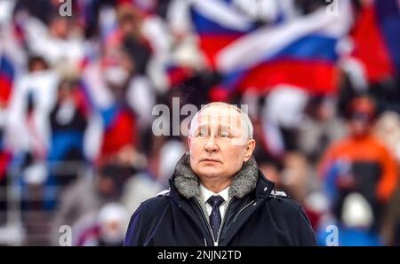 Konzert Ruhm für die Verteidiger des Vaterlandes vor dem 23. Februar sprach der Präsident bei einem Rallye-Konzert, das dem Tag des Vaterlandes gewidmet ist, im Luzhniki-Stadion. Foto: Das Russische Präsidialamt Stockfoto