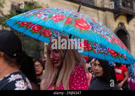 Lima, Peru. 22. Februar 2023. Eine Transfrau hält während des Protests einen Schirm. Während sich das Land in einer sozialen Krise befindet, hören transphobe Angriffe nicht auf. Bis heute wurden mindestens sieben Transfrauen in Peru ermordet. Organisationen und Kollektive forderten einen marsch in Lima und mehreren Regionen, um schnelle Ermittlungen und Gerechtigkeit für die Opfer zu fordern. Kredit: SOPA Images Limited/Alamy Live News Stockfoto