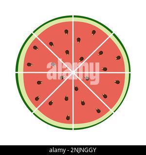 Wassermelone mit Samen, die in flachen Techniken in Stücke geschnitten wurden, Vektordarstellung Stock Vektor
