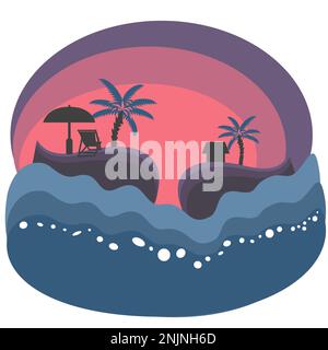 Sonnenuntergang auf tropischen Inseln in flacher Technik-Vektordarstellung Stock Vektor