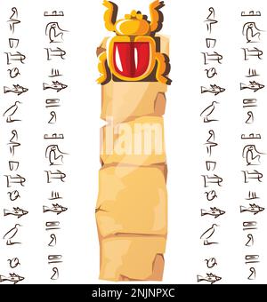 Altes ägyptisches Papyrus oder Steinpfeiler mit Skarabäus-Käfer-Vektordarstellung. Altes Papier mit Hieroglyphen zur Speicherung von Informationen, ägyptische Kultur religiöse Symbole, isoliert auf Weiß Stock Vektor