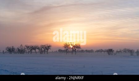 Wunderschöne Farben des Himmels bei der Sonne an einem verschneiten Tag im Winter Stockfoto
