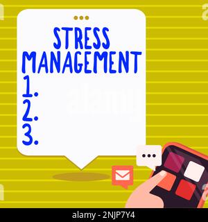 Inspiration mit dem Schild „Stress Management“. Geschäftsübersicht Lernen von Verhaltensweisen und Denkweisen, die Stress reduzieren Stockfoto