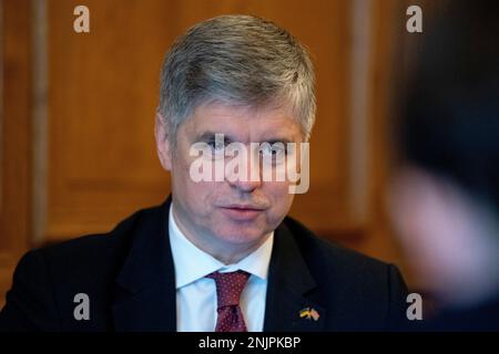 Der ukrainische Botschafter im Vereinigten Königreich, Vadym Prystaiko, spricht vor der PA Media in West-London, vor dem ersten Jahrestag der russischen Invasion in der Ukraine. Bilddatum: Mittwoch, 22. Februar 2023. Stockfoto