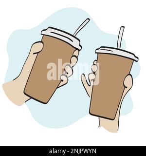 Nahaufnahme zwei Hände halten Eiskaffee Illustration Vektor Hand gezeichnet isoliert auf weißem Hintergrund Strichgrafik. Stock Vektor