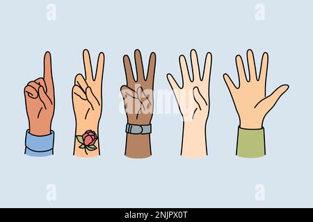 Nahaufnahme der Hände verschiedener Personen, die die Anzahl nach Gesten zeigen. Multiethnische Personen demonstrieren Handgesten. Vektordarstellung. Stock Vektor