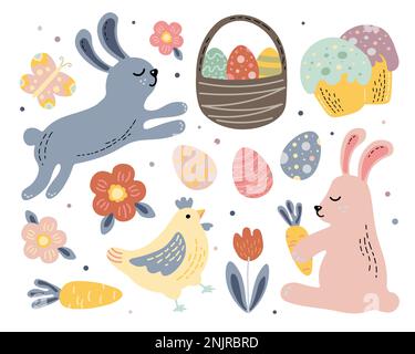 Set mit Vektorbildern niedliche Ostern-Häschen bemalte Eier und andere Feiertagsattribute Stock Vektor