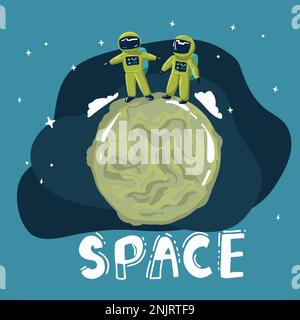 Cartoon-Weltraumhintergründe mit Astronaut. Vorlagen für Flyer, Banner, Karten, Deckblätter, Rahmen, Poster. Vector-Kinderbild. Die Rakete t Stock Vektor