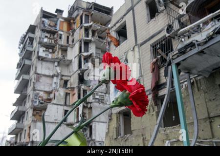 Nicht exklusiv: DNIPRO, UKRAINE - 22. FEBRUAR 2023 - zwei rote Nelken sind vor dem Wohngebäude abgebildet, das von einer russischen Rakete getroffen wurde Stockfoto