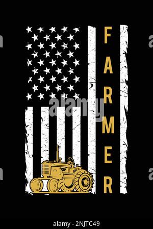 Amerikanische Farmerflagge. American Pride 4. of July Farmer-T-Shirt mit schwarz-weißer US-Flagge und Traktor. Stock Vektor