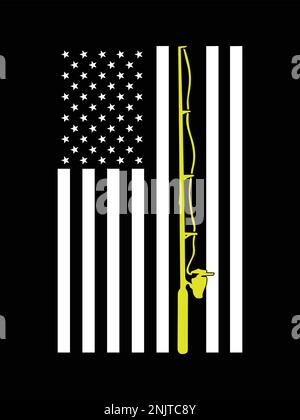 Amerikanische Flagge. Schwarz-weiße US-Flagge und gelbe Angelrute. Stock Vektor