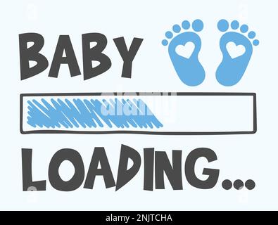 Baby Boy Lädt. Beschriftung mit Download-Leiste und Baby Footprint. Vektordarstellung für T-Shirt-Design, Poster, Karte, Babyparty-Dekoration. Stock Vektor