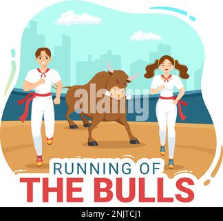 „Running of the Bulls Illustration with Bullfighting Show in Arena“ in einem flachen Cartoon, handgezeichnet für Webbanner oder Landing-Page-Vorlage Stock Vektor