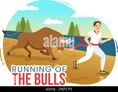 „Running of the Bulls Illustration with Bullfighting Show in Arena“ in einem flachen Cartoon, handgezeichnet für Webbanner oder Landing-Page-Vorlage Stock Vektor