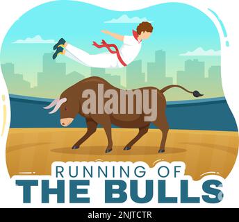 „Running of the Bulls Illustration with Bullfighting Show in Arena“ in einem flachen Cartoon, handgezeichnet für Webbanner oder Landing-Page-Vorlage Stock Vektor