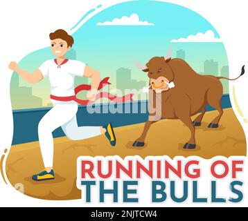 „Running of the Bulls Illustration with Bullfighting Show in Arena“ in einem flachen Cartoon, handgezeichnet für Webbanner oder Landing-Page-Vorlage Stock Vektor